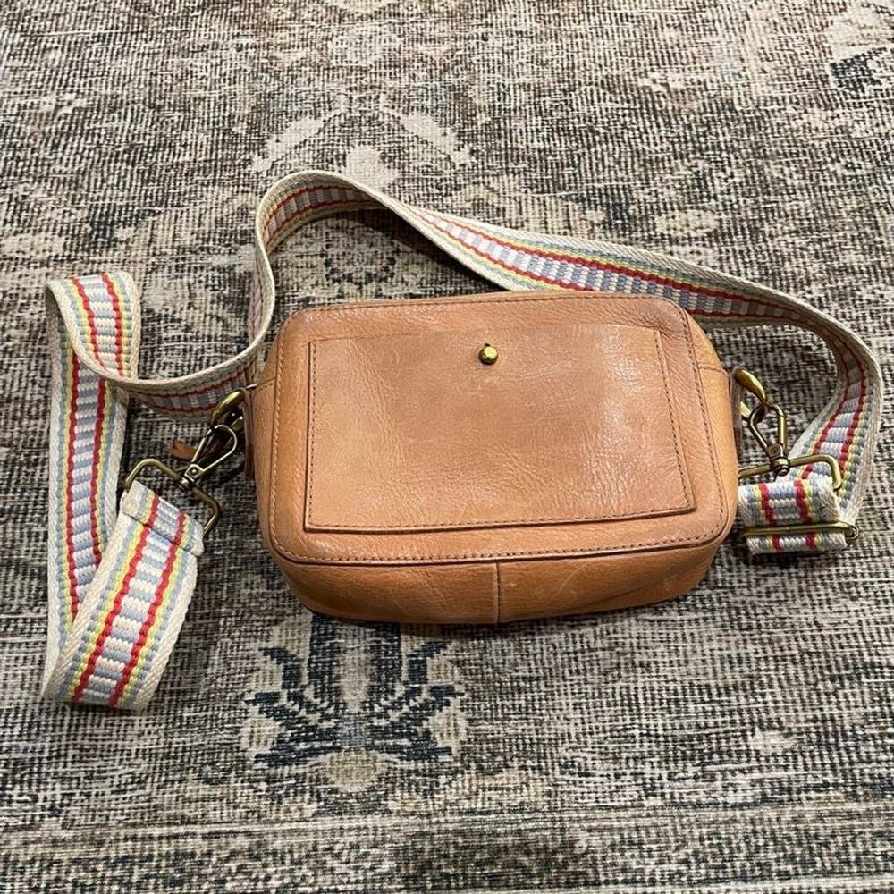 Madewell Leather Camera Crossbody Bag Tan Brown Striped Strap Zip Closure